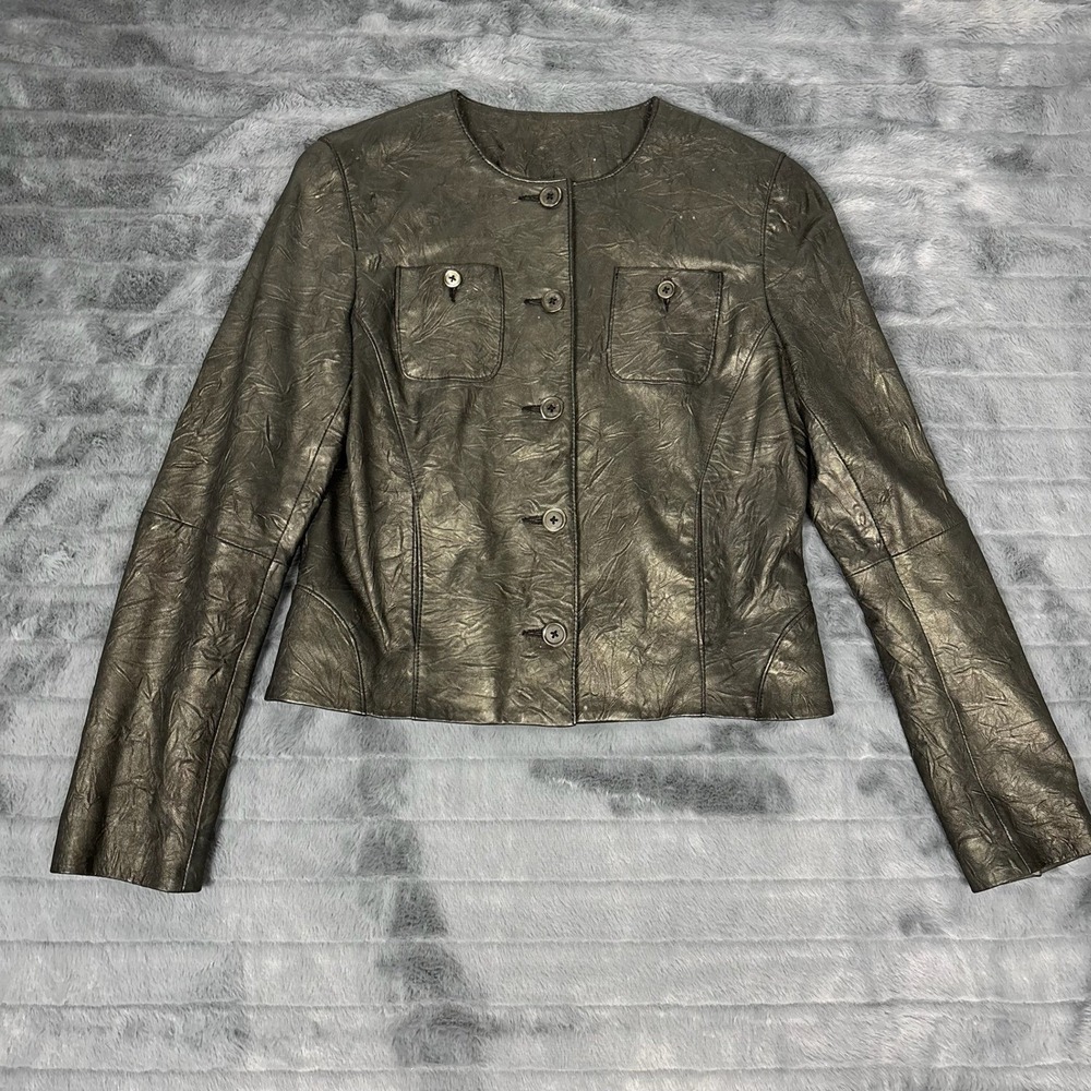 Bill Blass New York Metallic Bronze Crinkled Leather Jacket Blazer Womens 6